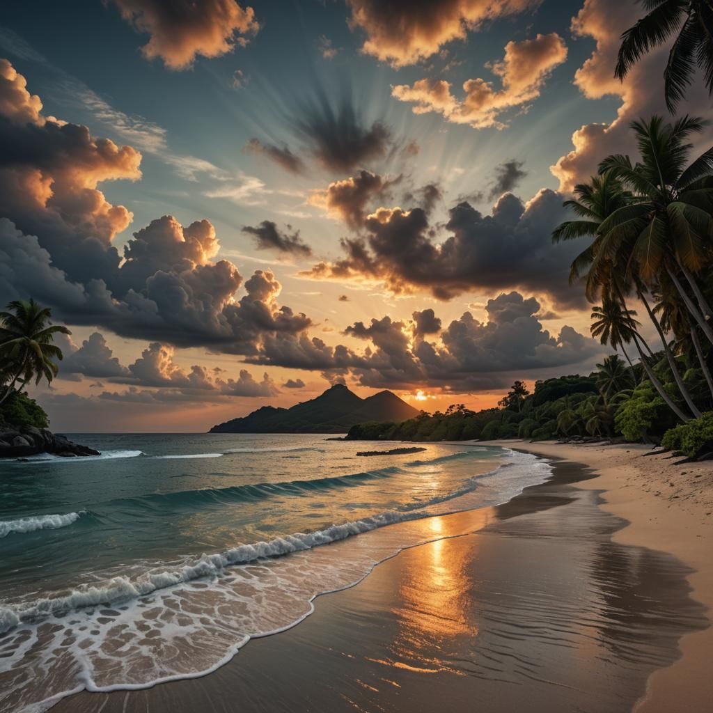 Tropical Island Sunset in Hyperrealistic Detail