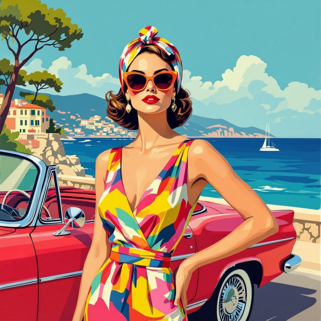 Glamorous 60s Woman on the French Riviera in Pop Art Style