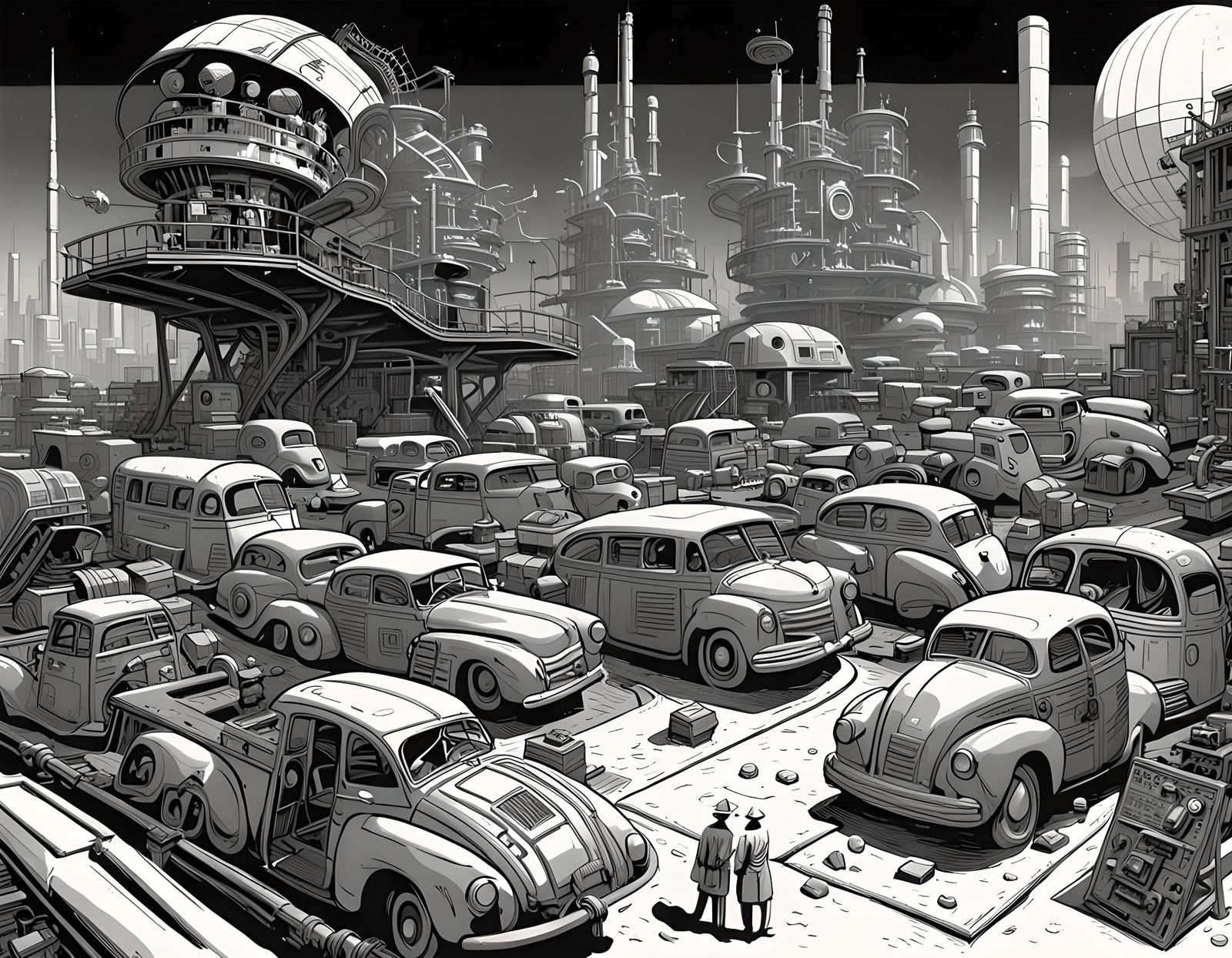 Sci-Fi Junkyard with Exaggerated Comic Illustration