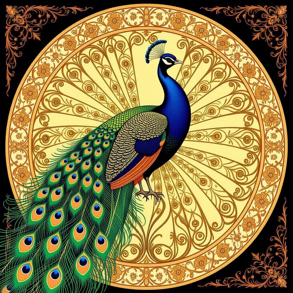 Ornate Peacock with Gilded Floral Background