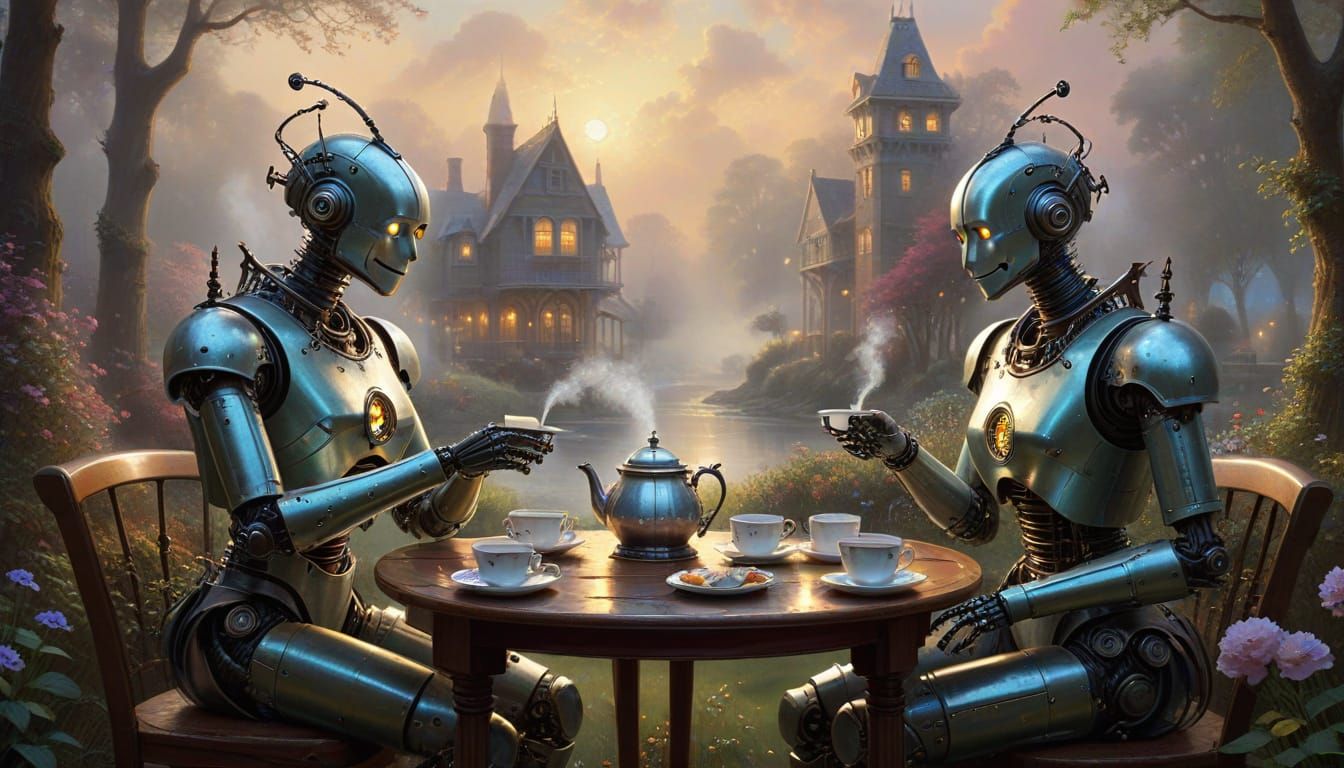 Edwardian Robots Enjoying Whimsical Tea Time