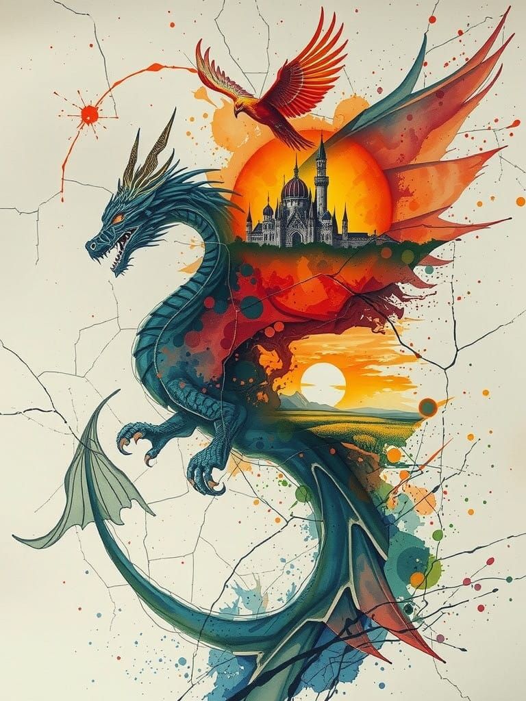 Double Exposure Water Dragon Meets Phoenix in Abstract Artwo...