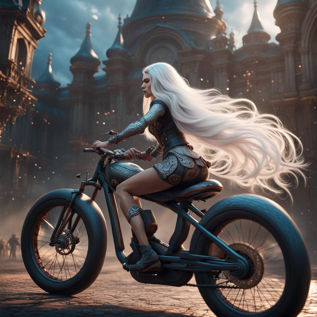Woman with White Hair Rides Bike: Fantasy Art