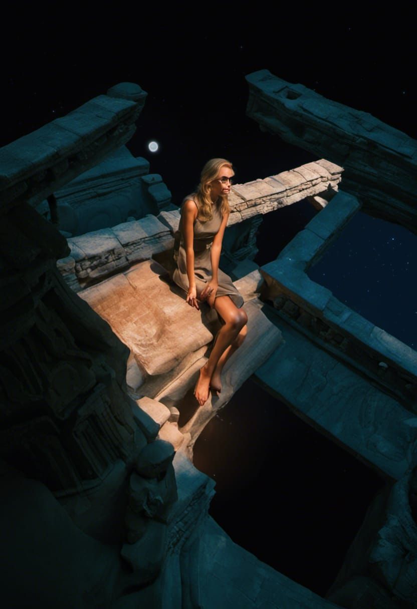 Explorer at Ancient Temple Under Swirling Night Sky