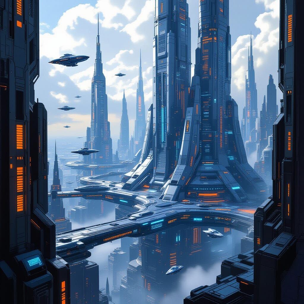 Epic Cyberpunk Cityscape with Metallic Structures and Flying...