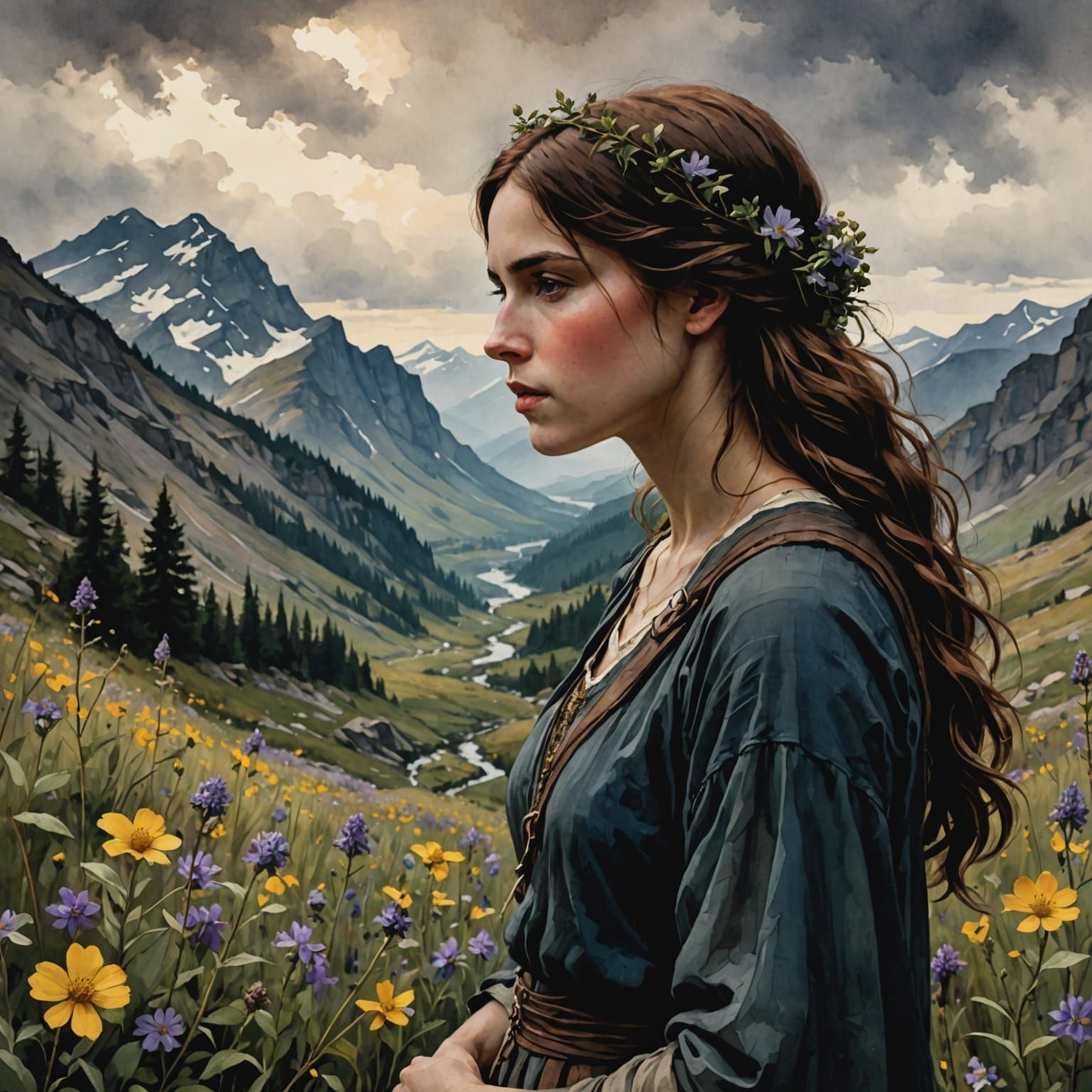 A Woman Contemplates in a Chiaroscuro Mountain Meadow