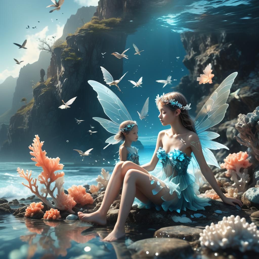 Coral Fairy by the Shore in Hyperrealistic Digital Art