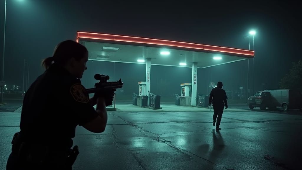 Dramatic Police Chase at a Gas Station at Night