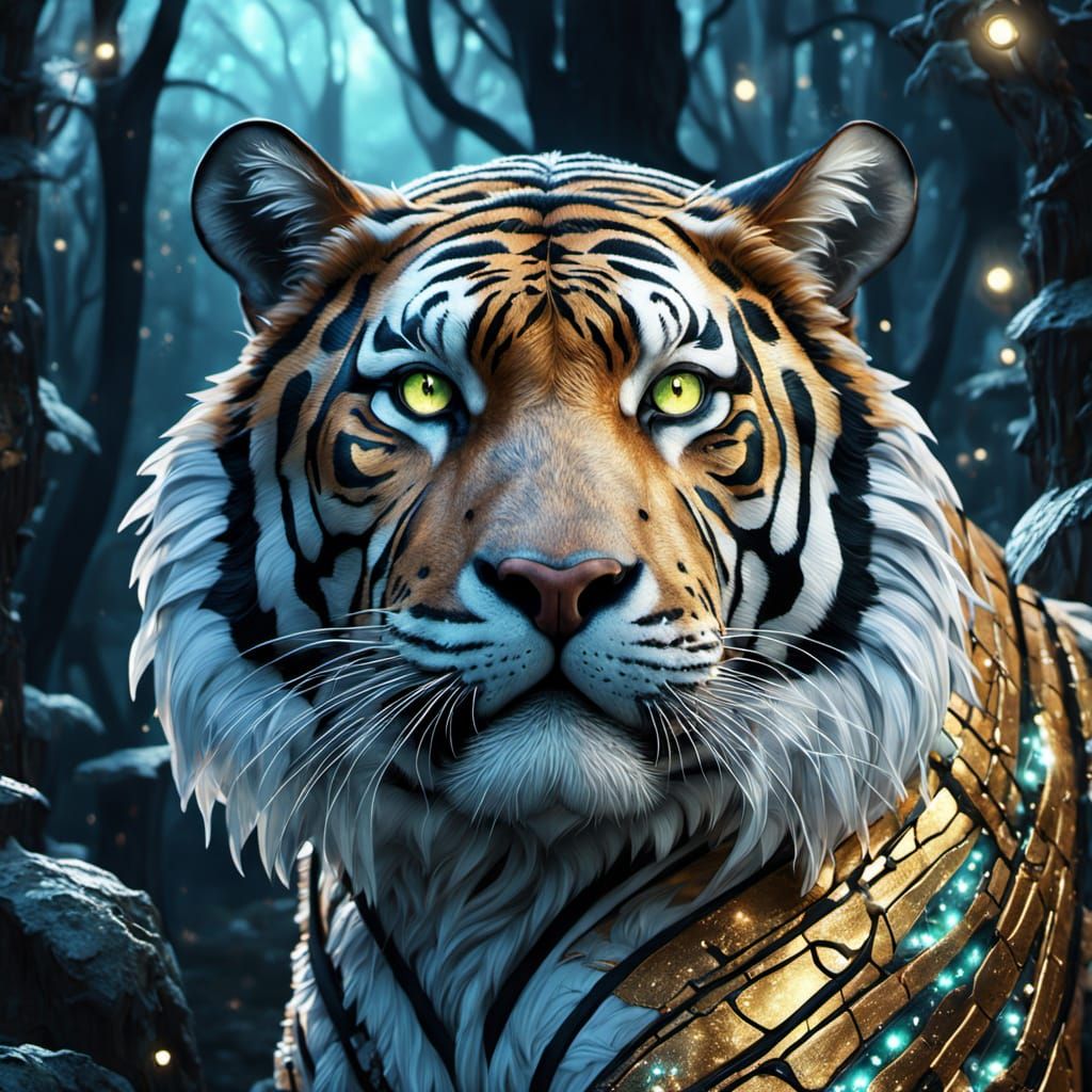 Golden Cosmic Tiger in Enchanted Forest: Art Nouveau