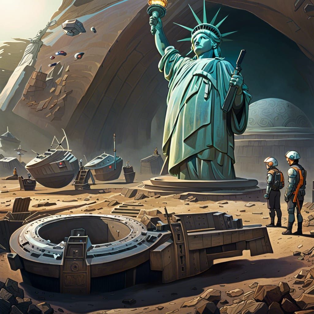 future civilization discovering the statue of liberty in an archeological site