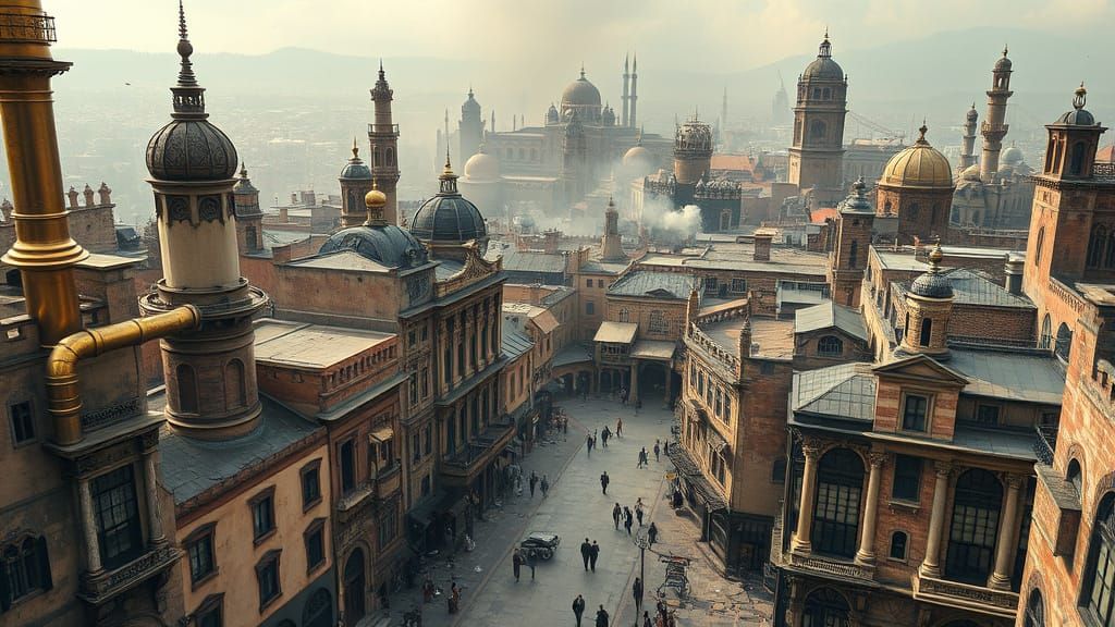 Dreamlike Steampunk City with Intricate Machinery