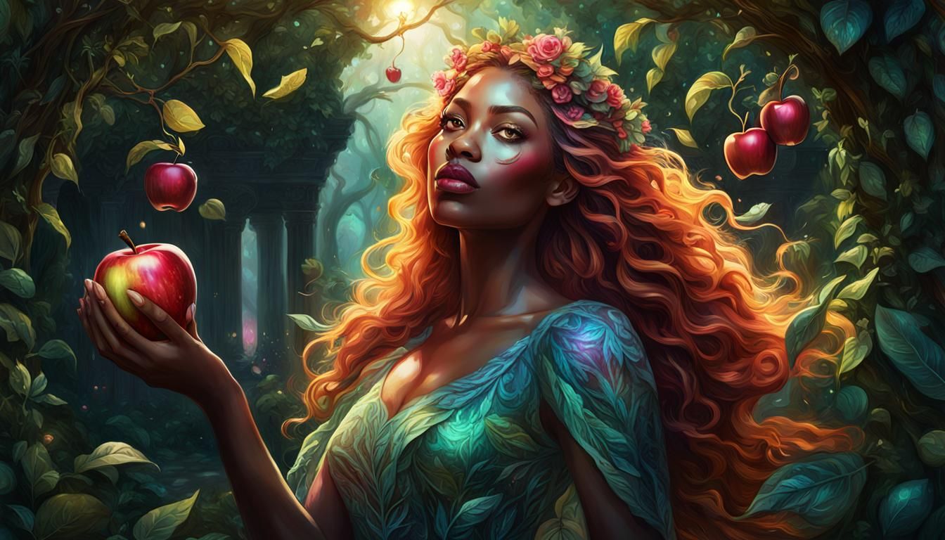 Eve in Enchanted Garden with Apple, Art Nouveau