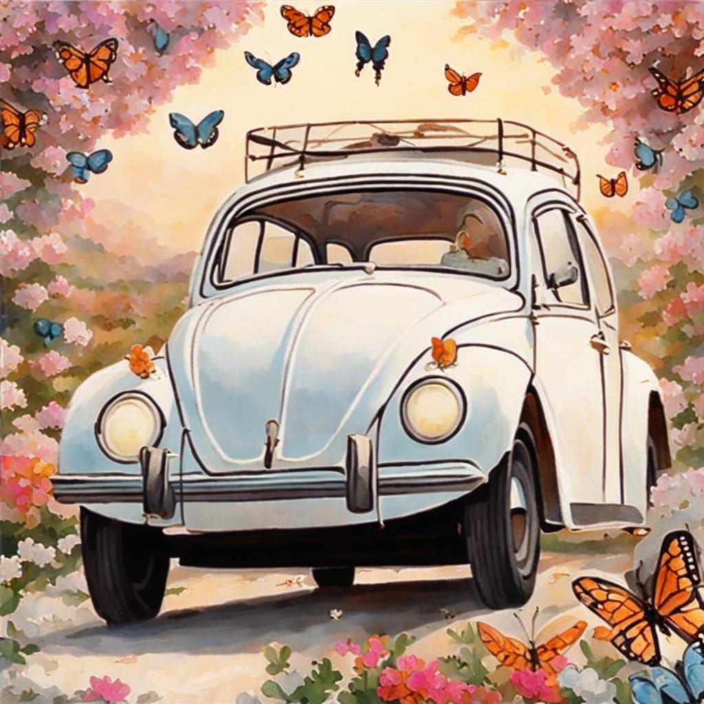 Butterfly-Adorned Beetle Car on a Sunny Day