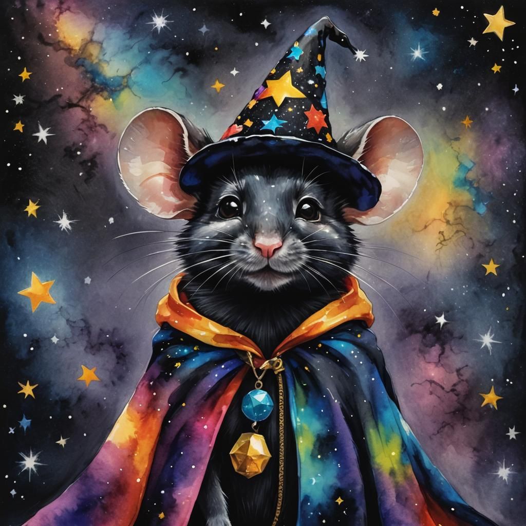 Colorful Wizard Mouse in Abstract Starry Night
