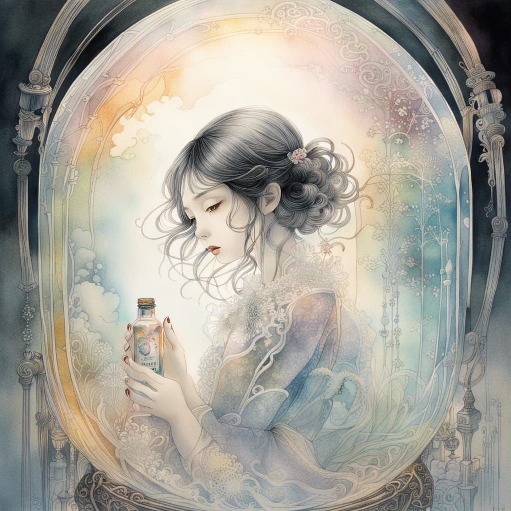Girl in Crystal Bottle, Watercolor and Ink Style