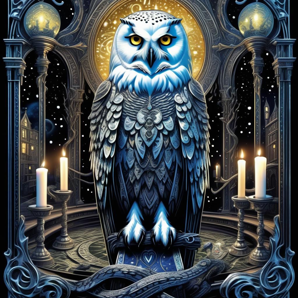 Eldritch Gothic Masterpiece: Snow Owl in Shimmering Snakeski...