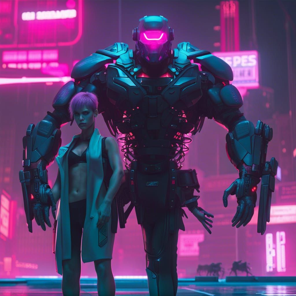 Cyberpunk Cyborg: Human-Robot Hybrid in Neon City