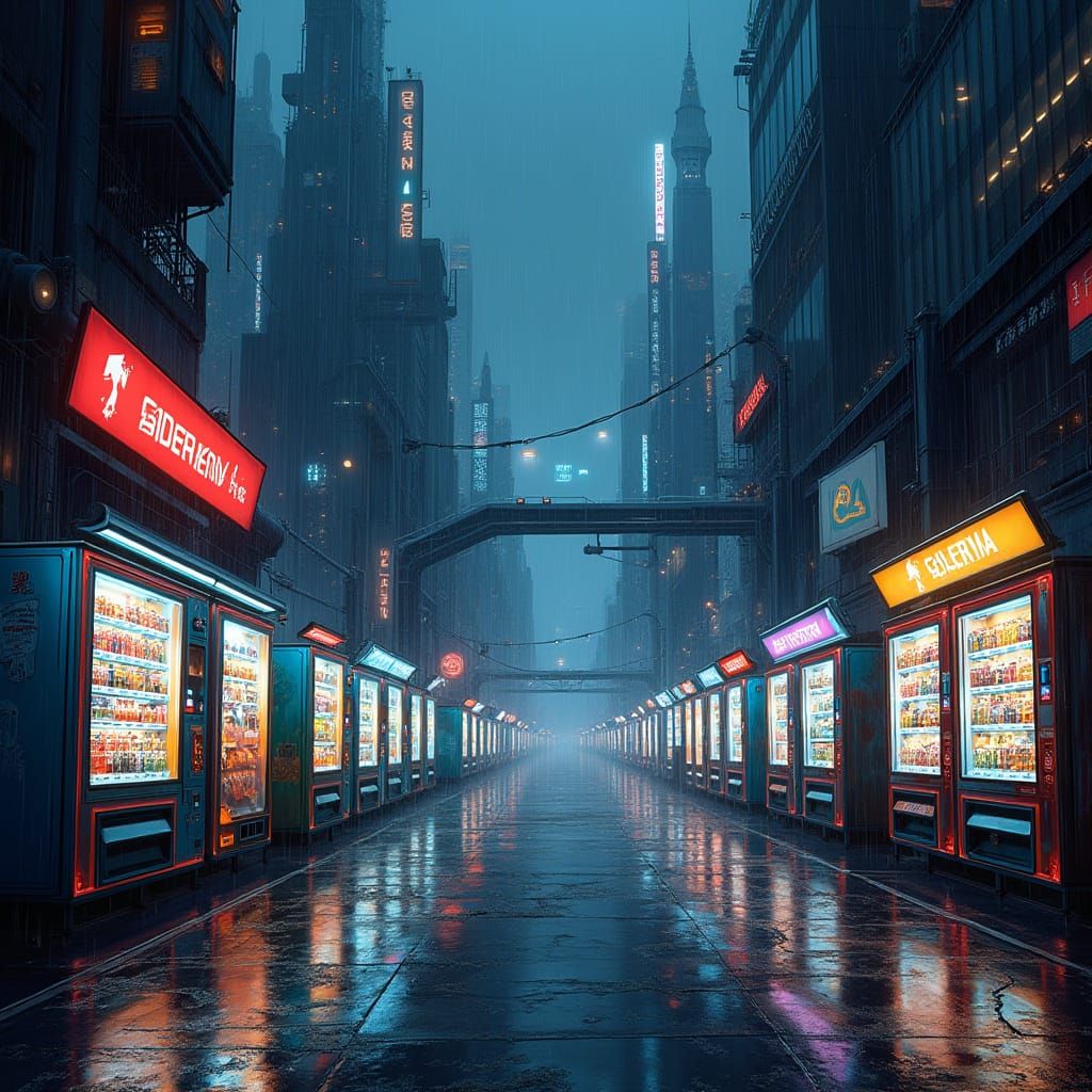 Glowing Vending Machines Network in Futuristic Metropolis