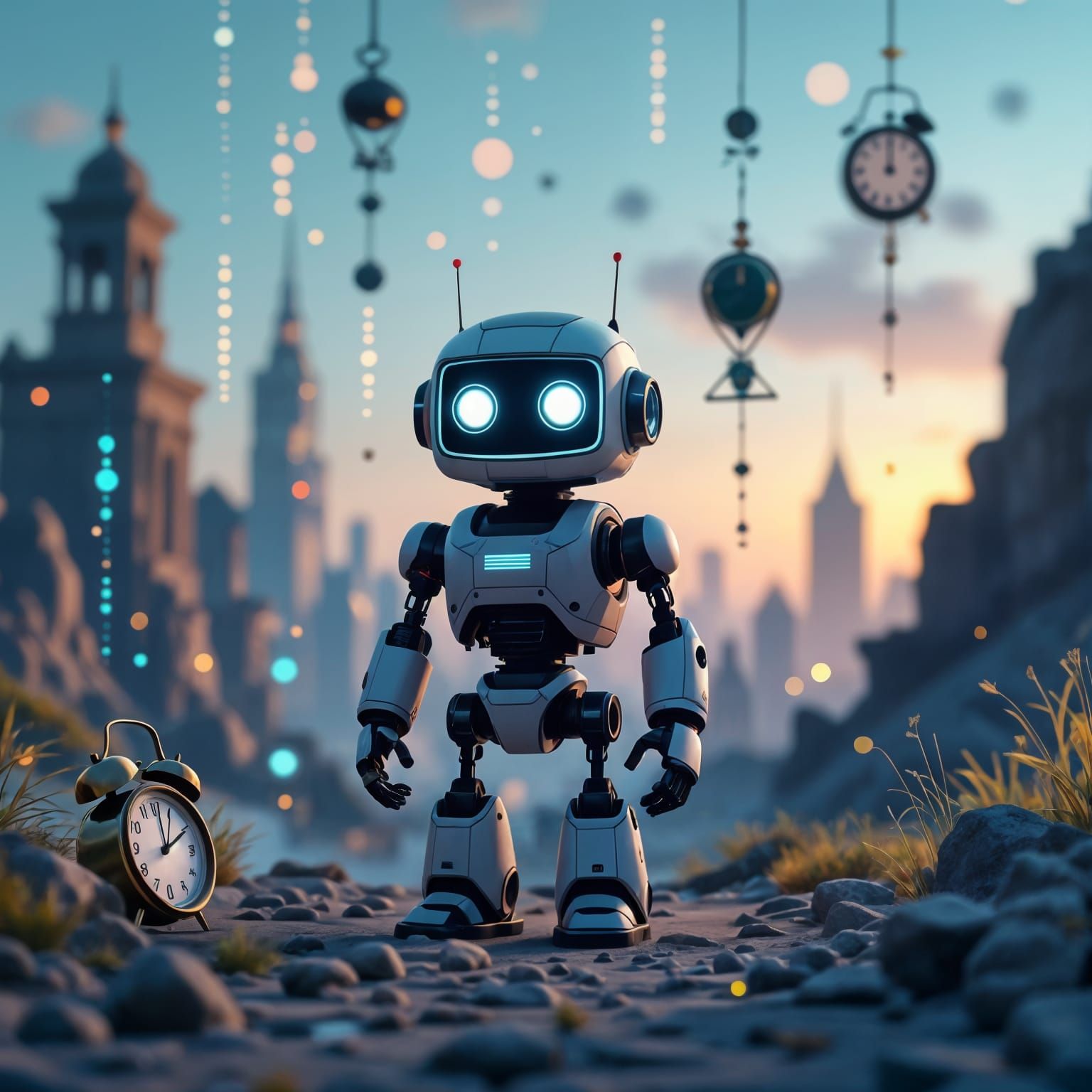 Abstract AI Robot Lost Amidst Surreal Time-Warped Landscape