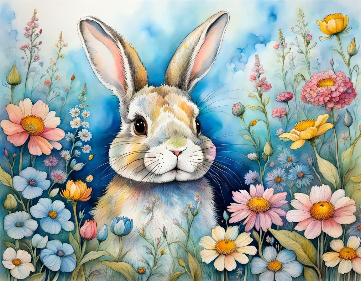 Bunny in Enchanted Garden with Flowers