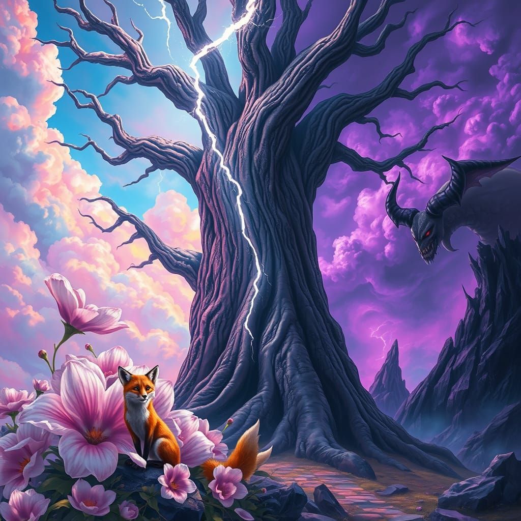 A massive tree stands in the middle, split in two by a crack...