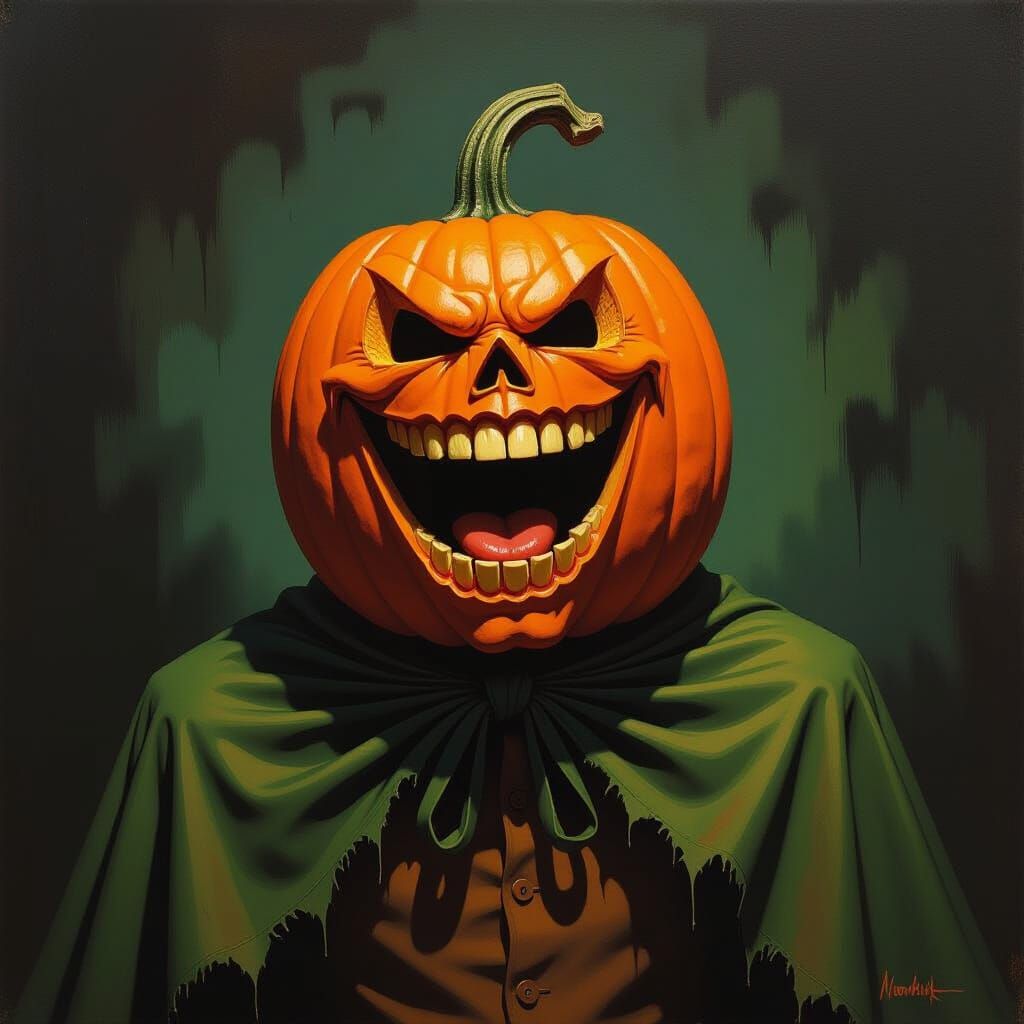 Headless Pumpkin Man Laughing Maniacally in Gouache Style