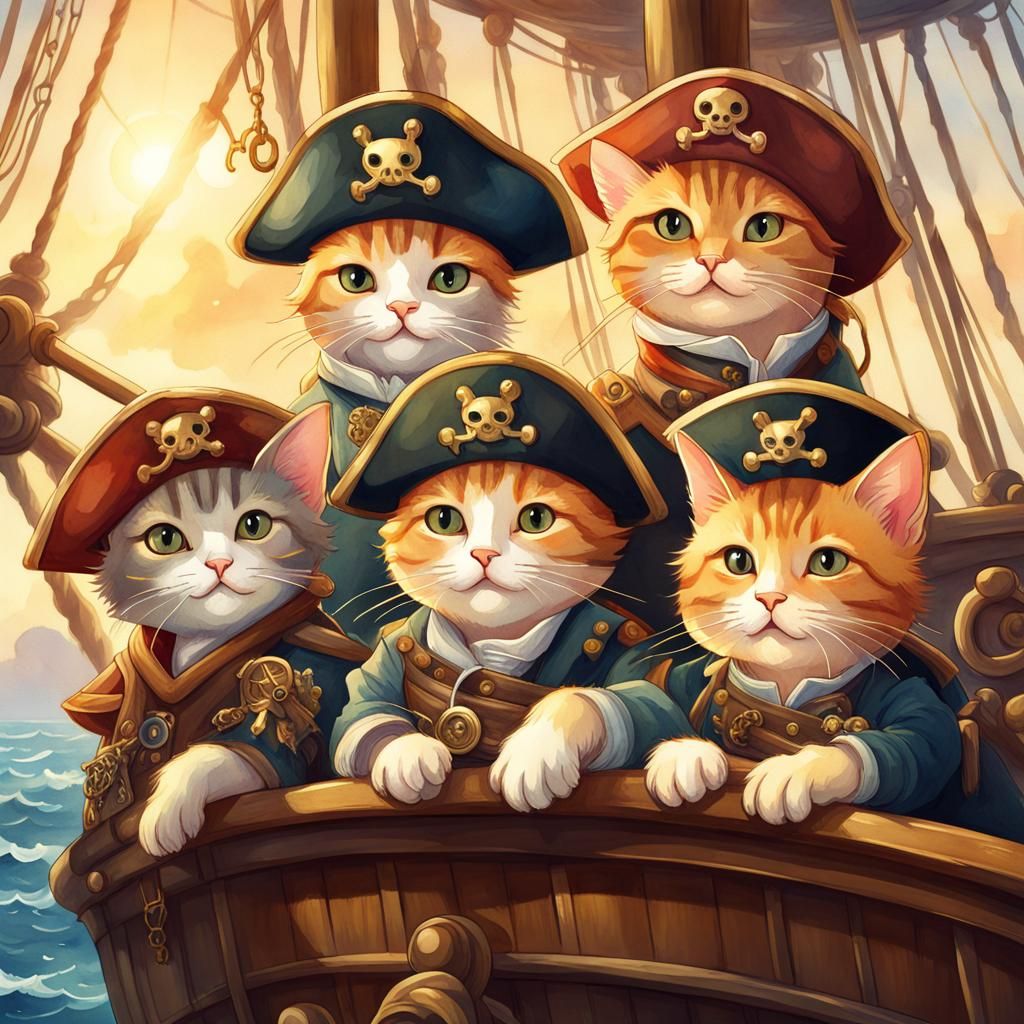 Cat Pirates Sailing Ship in Watercolor Style