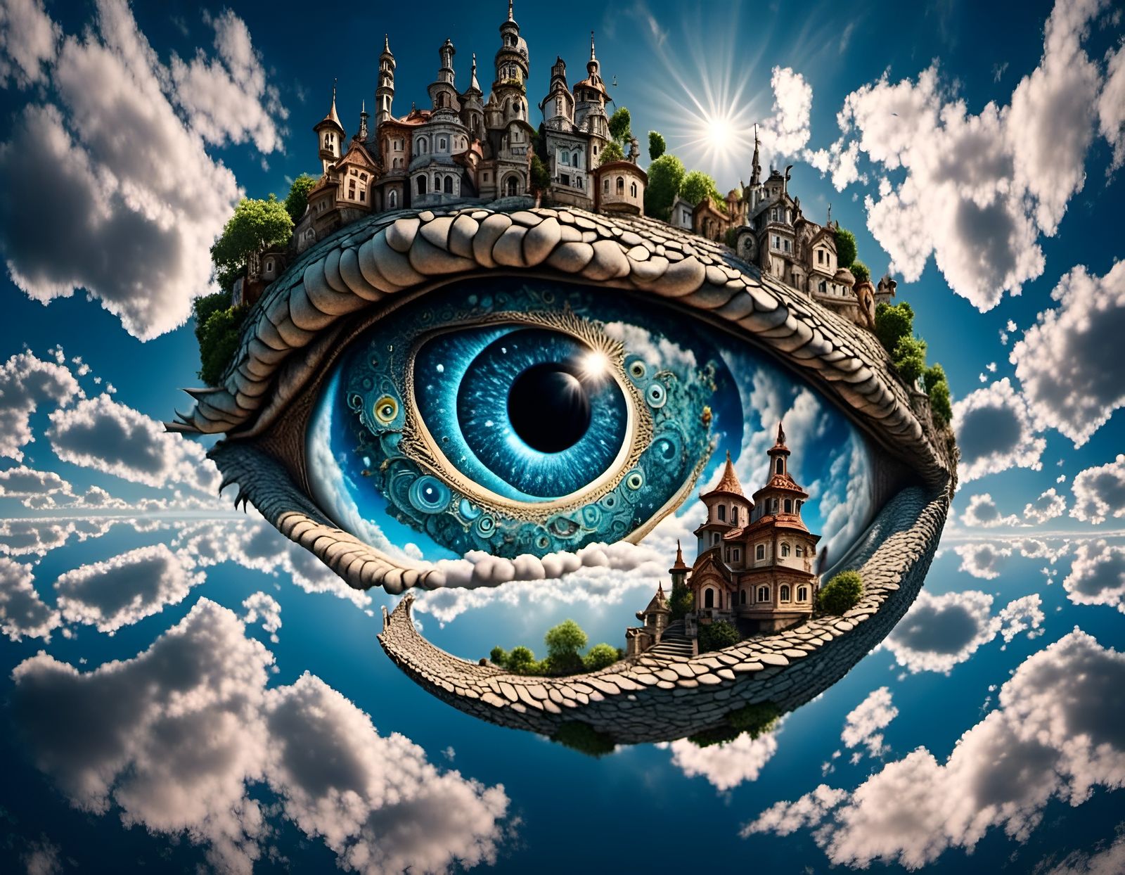 Surreal Dragon Eye Over Fantasy Clouds