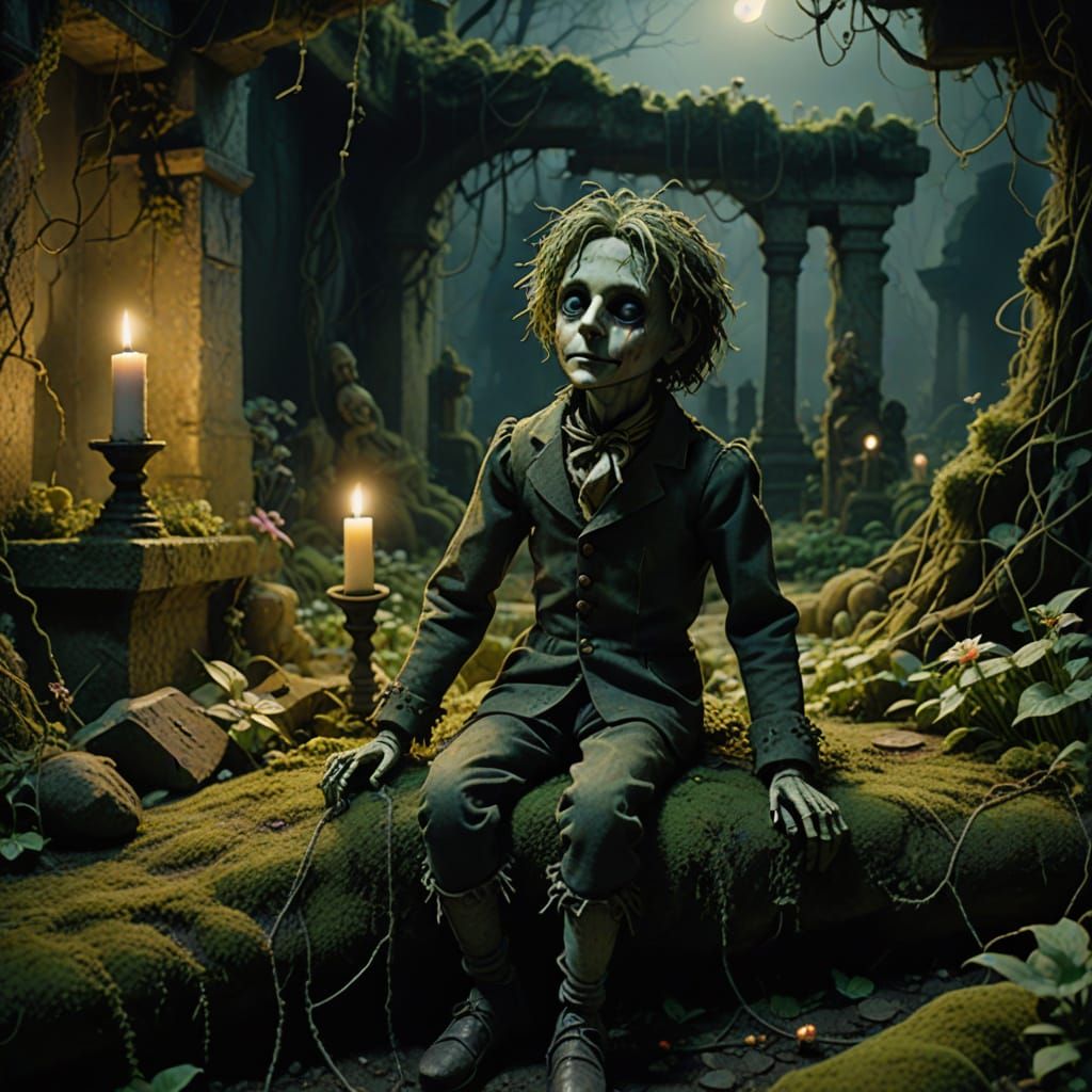 Eerie Marionette in Moonlit Garden Ruins