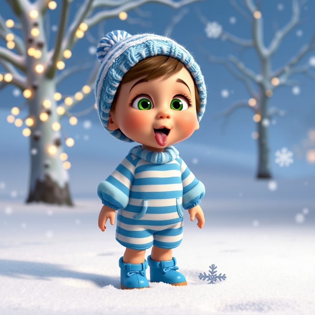 Pixar, a 2 year old girl with a big head, big green eyes, in...