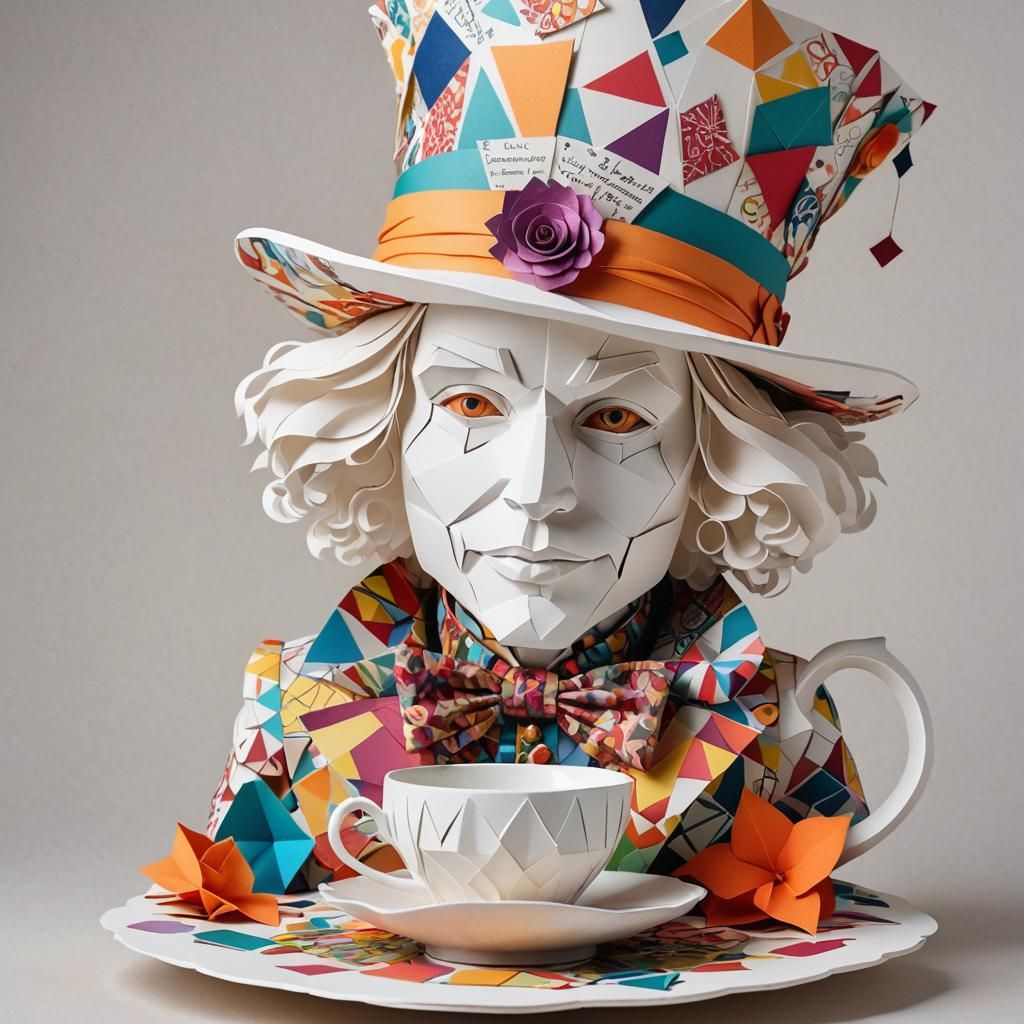 White Mad Hatter Drinking Tea in Paper Craft Style