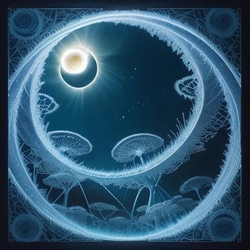 Ethereal Cyanotype Landscape with Geometric Spirals