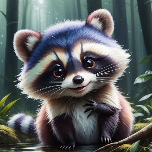 Stunning Chibi Raccoon in Vibrant Forest Scene