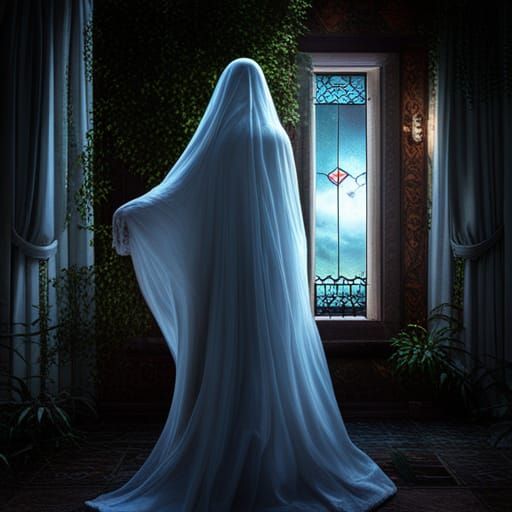 Ethereal Ghost in Window, Moonlit Fantasy Art