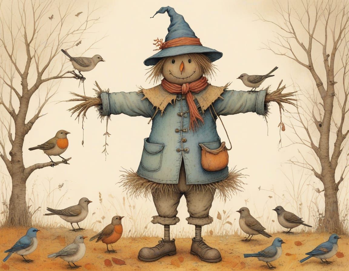 Friendly Scarecrow Delighting Birds with Artistic Flair