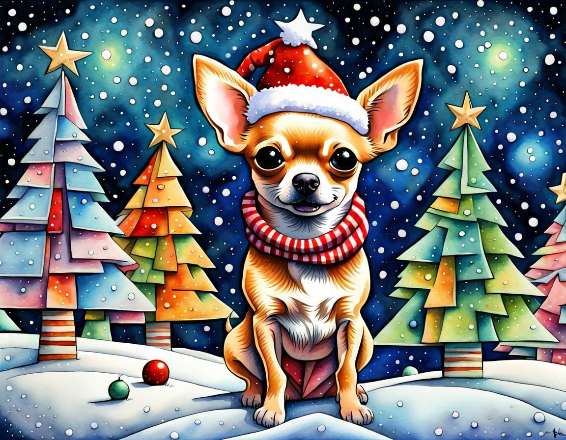 Festive Chihuahua in Cubist Christmas Dreamscape
