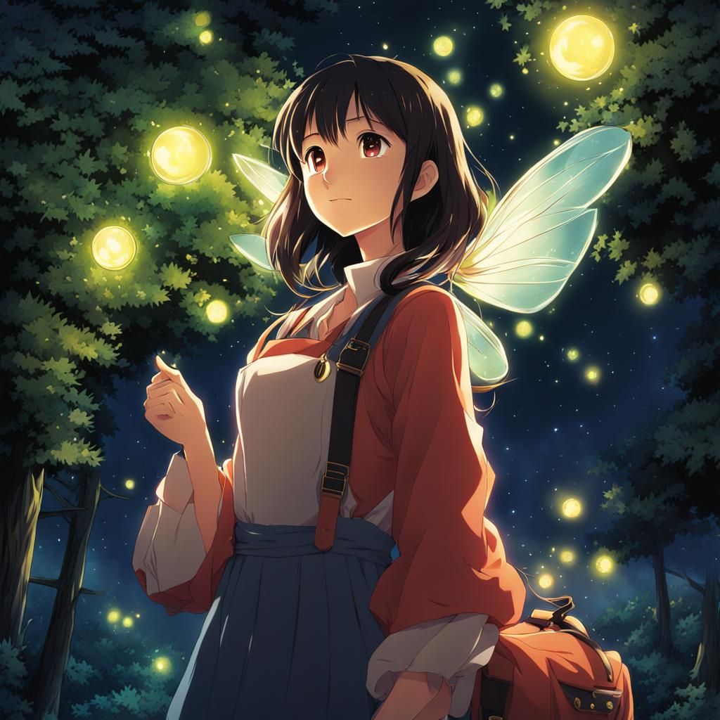 Colorful Fireflies at Night in Anime Style