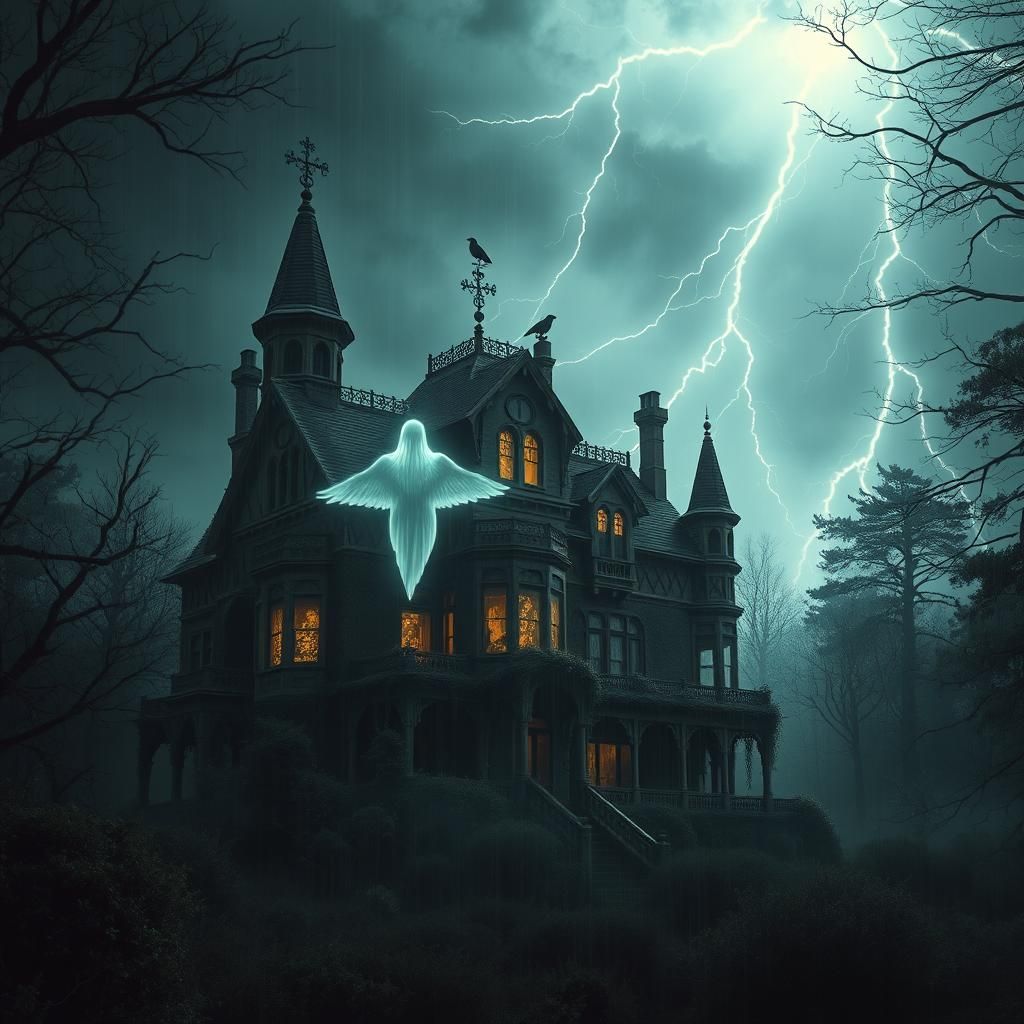 An abondonend spooky landhouse in a dark wood a ghost around...