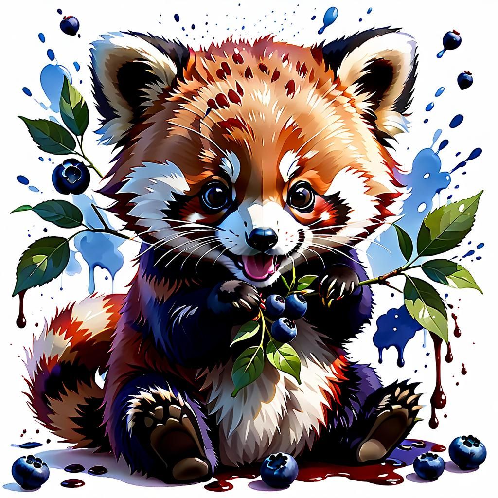 Kawaii Red Panda with Blueberries in Watercolor Style