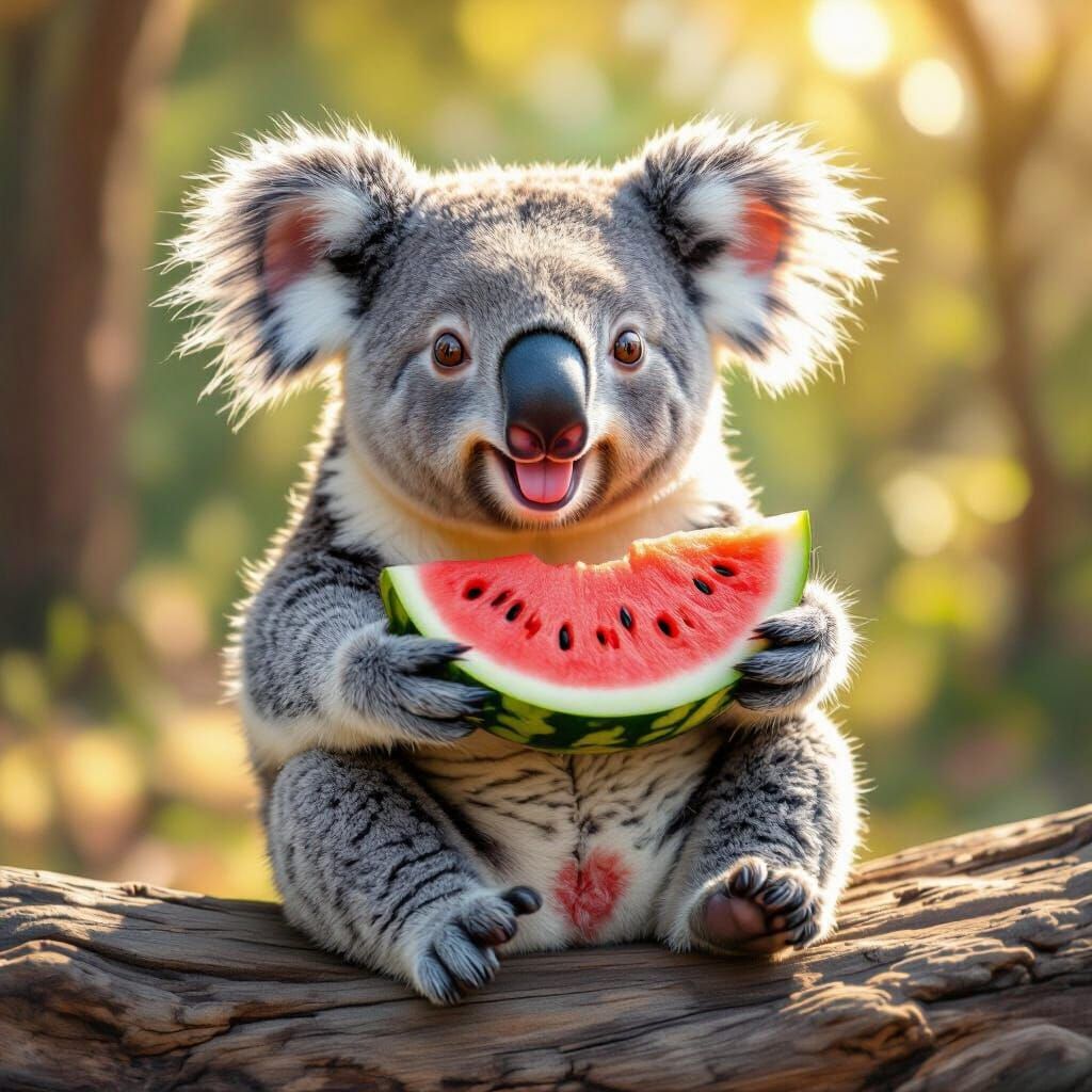 Koala Enjoys Watermelon Slice in Playful Sunlight