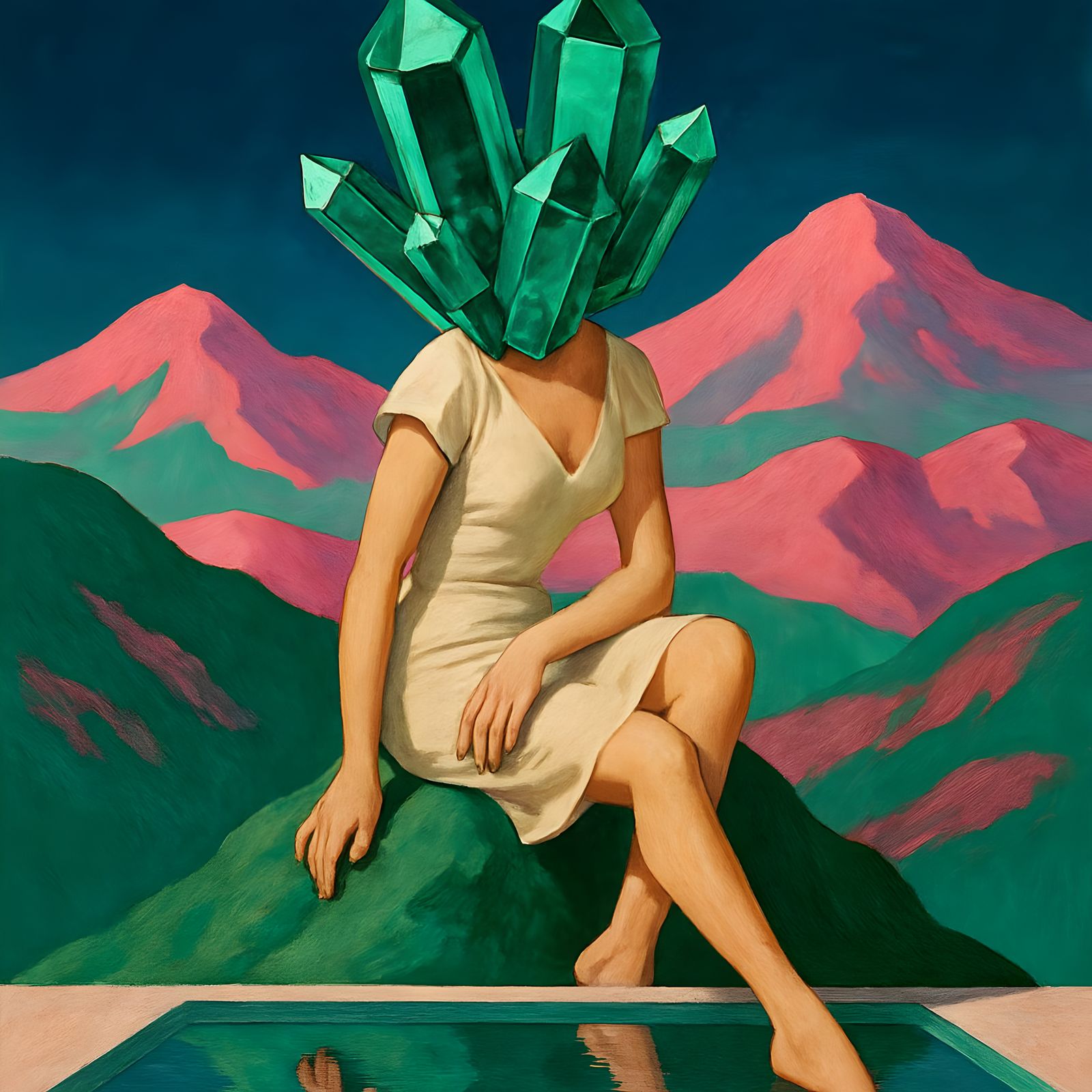 Surreal Collage: Emerald Crystals on Mountain Peak