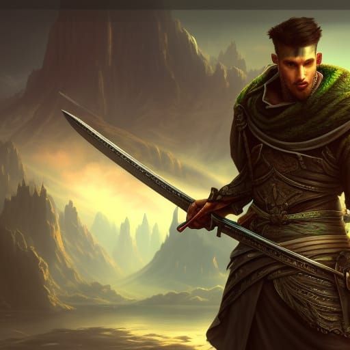Fantasy Hero with Sword in Detailed Matte Painting