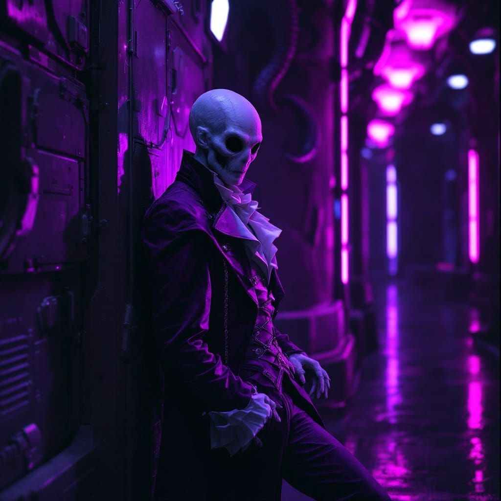 Ethereal Sorcerer in a Neon-Lit Space Station