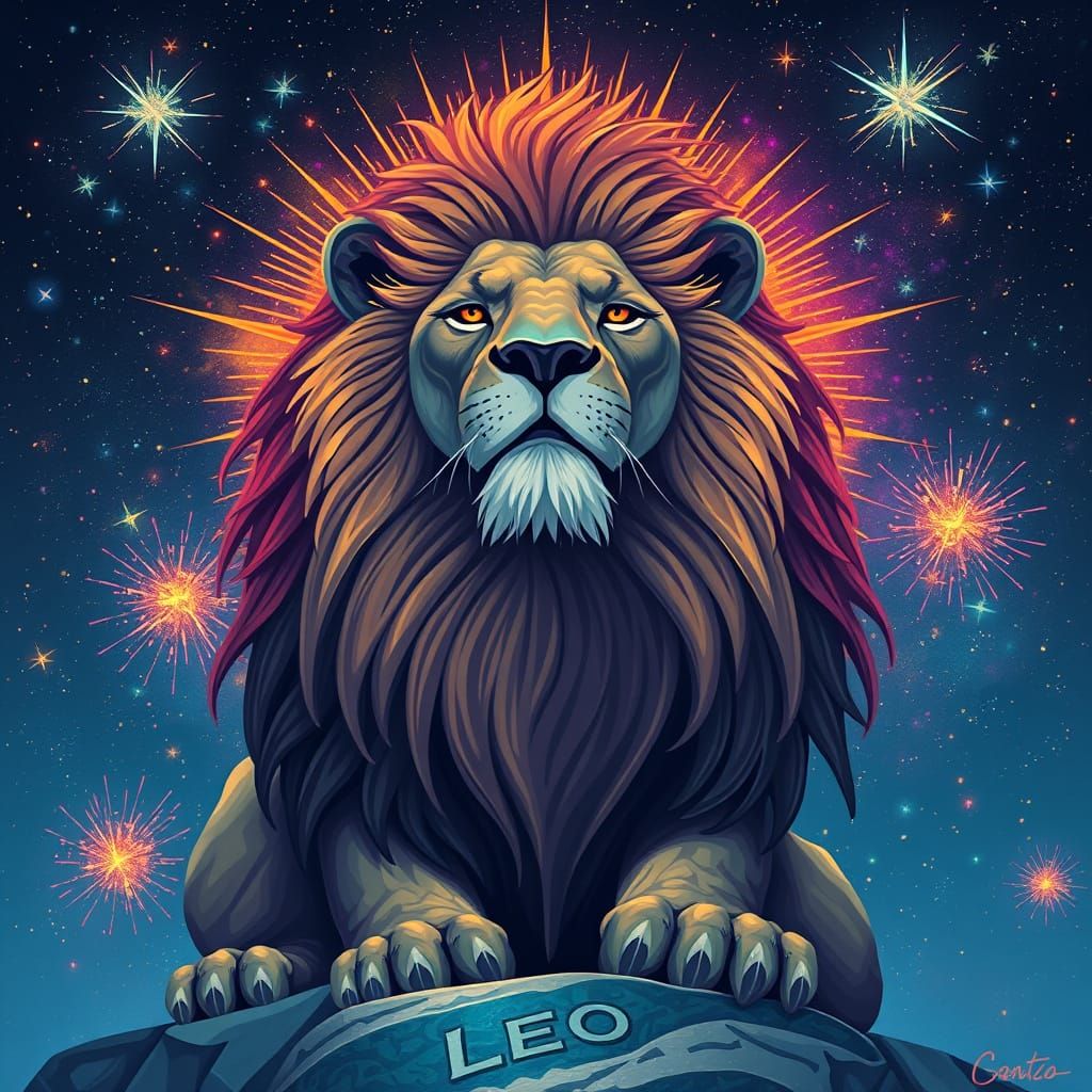 Leo Zodiac Lion in Starry Fantasy Landscape