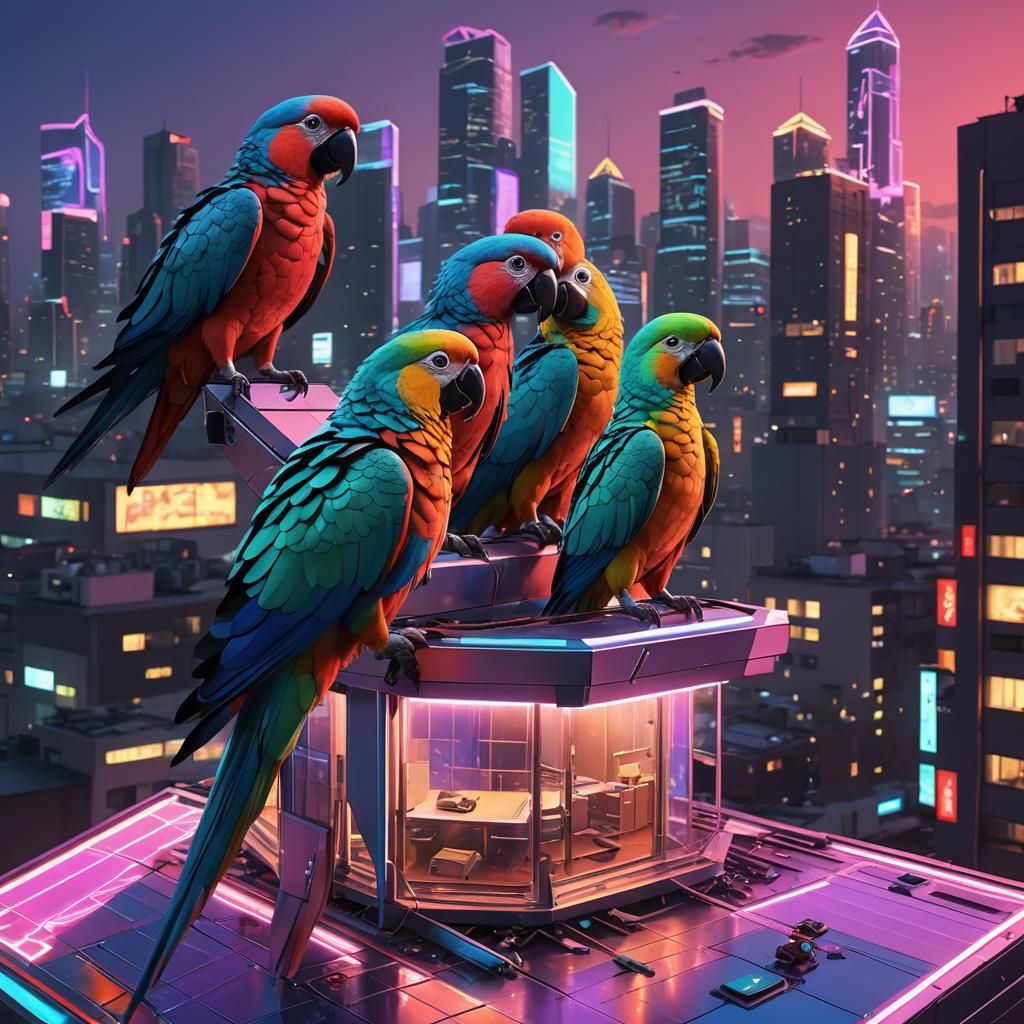 Parrots on Futuristic Seoul House in Sci-Fi Style