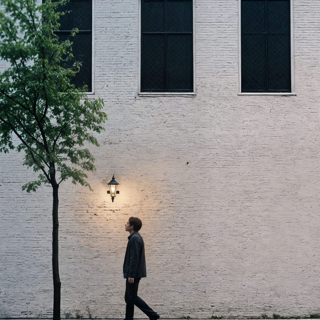 Cinematic Film Still of Person Walking by Building