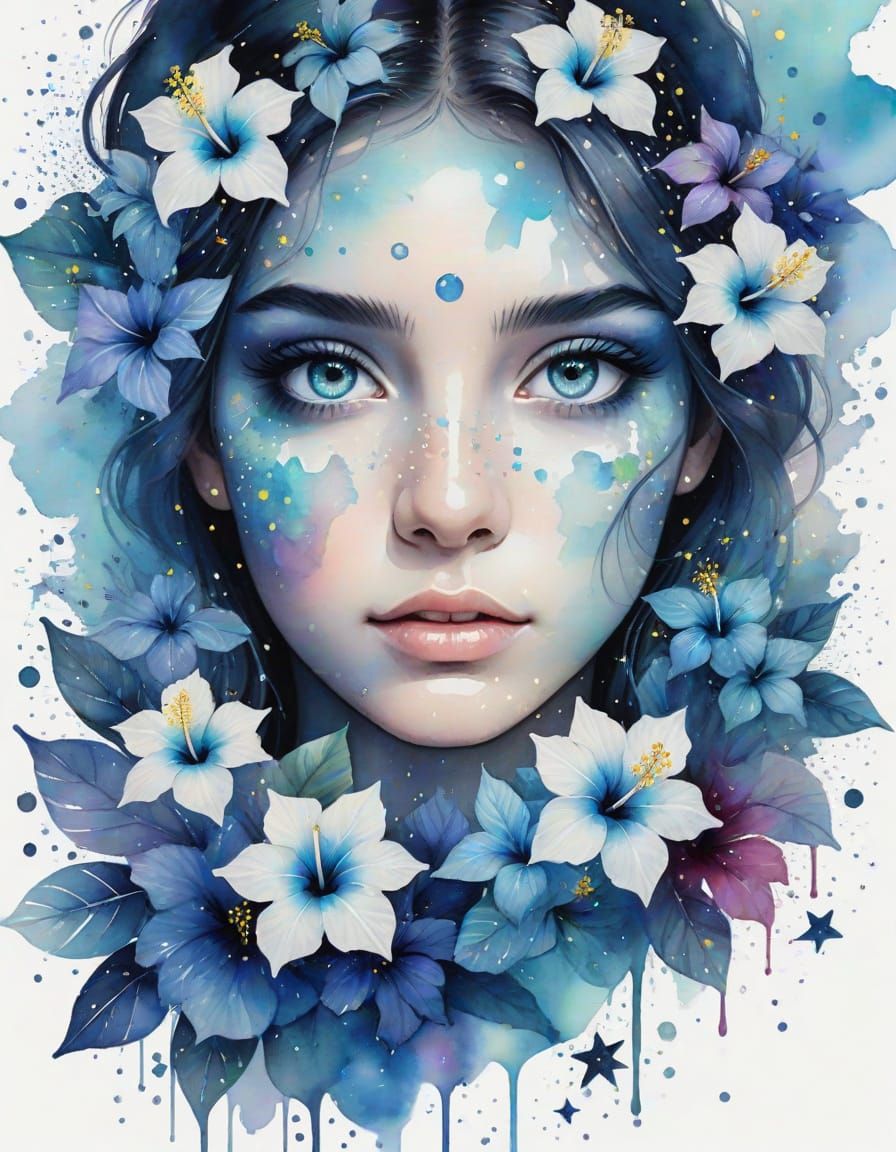 Opal Eyes with Stars and Hibiscus in Watercolor