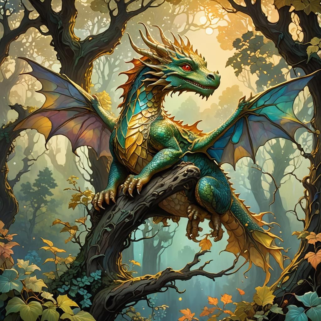 Chibi Dragon in Art Nouveau Style