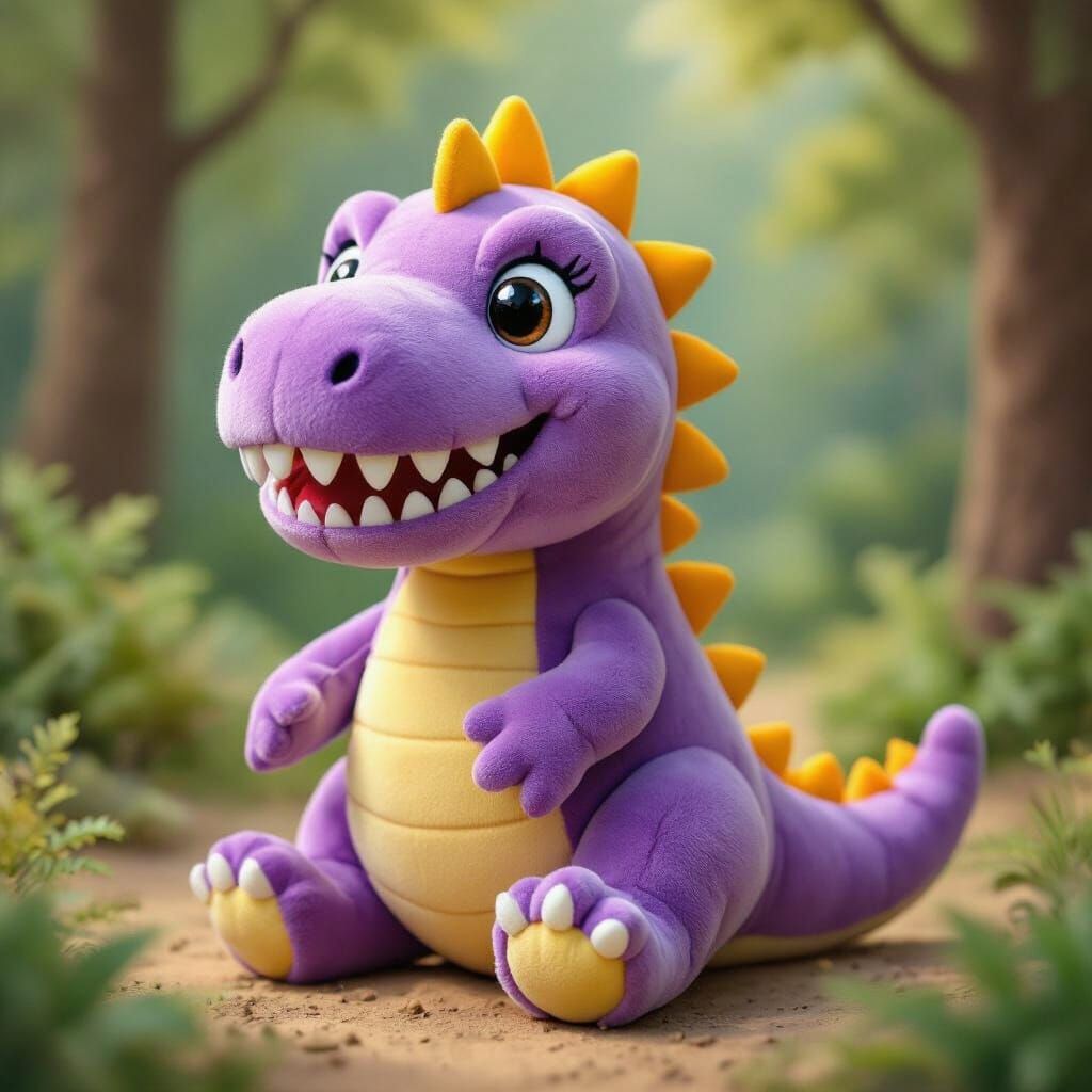 Cuddly Purple Stuffed T-Rex in Children's Book Style
