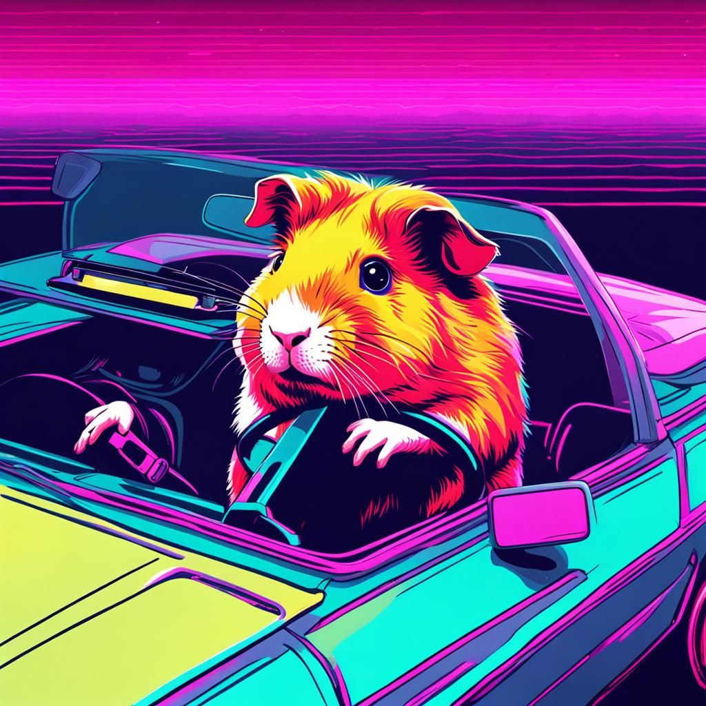 Guinea Pig Driving a Car in Synthwave Style